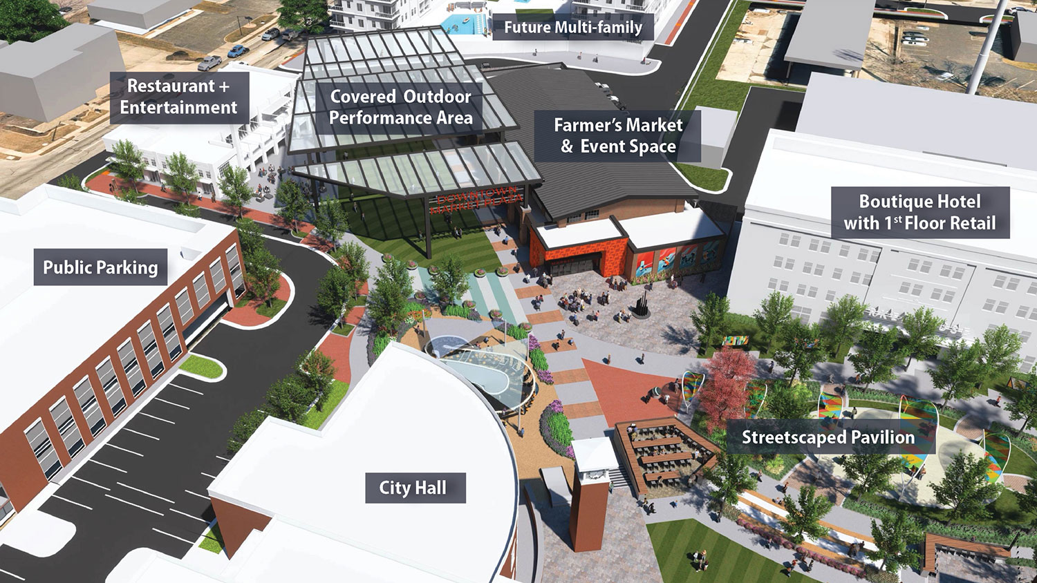 downtown market plaza site plan aerial labeled